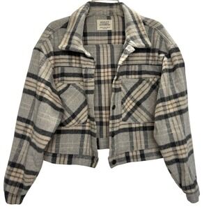 Western Rustic Cozy Brown Plaid Shacket Womens M Ranchcore Desert Cropped